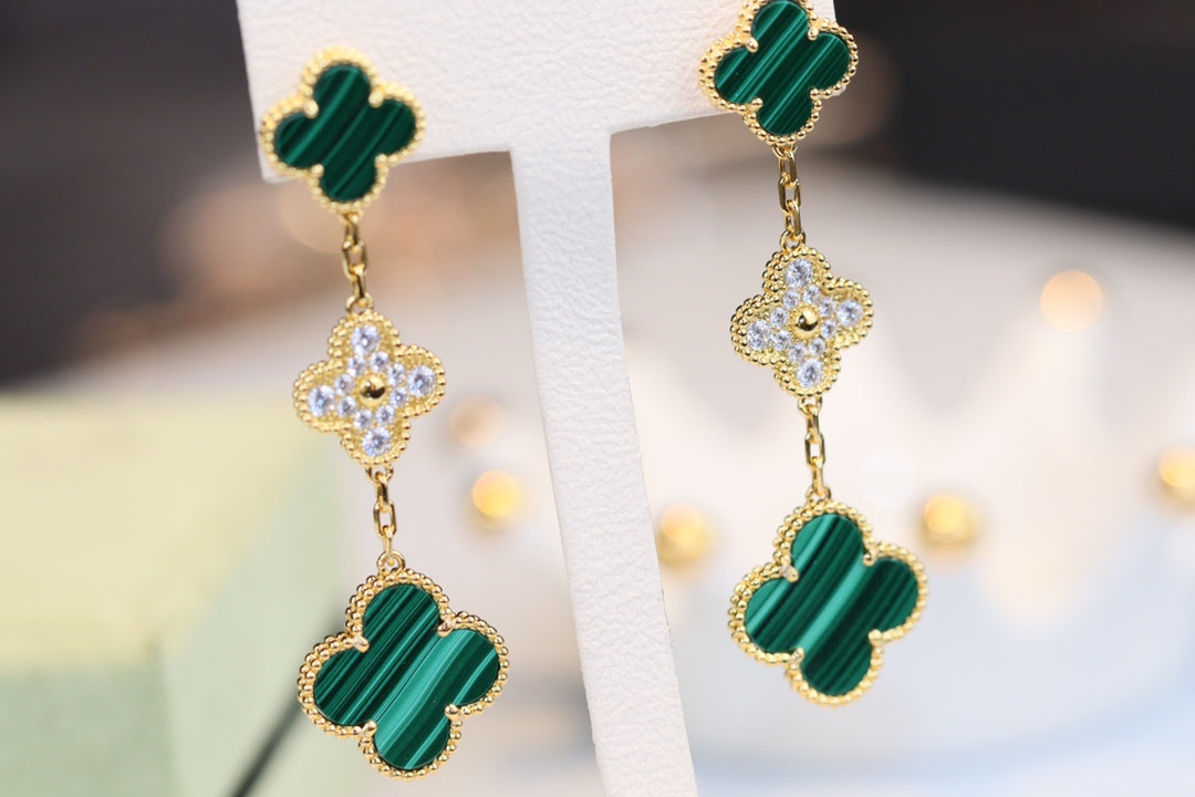 [✨ROSE✨]CLOVER EARRINGS GOLD MALACHITE DIAMOND 3 MOTIF