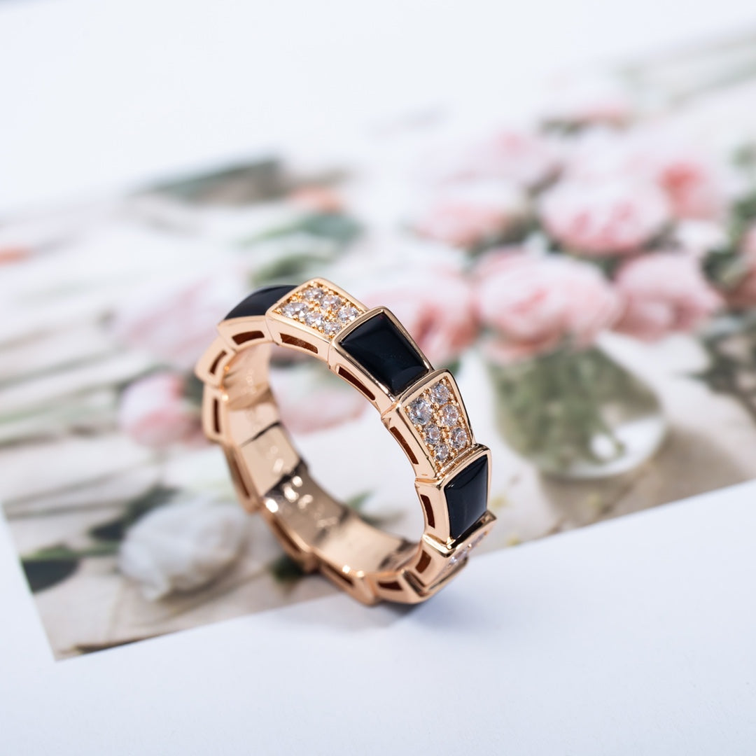 [✨ROSE✨]SERPENTI RING PINK GOLD BLACK MOP DIAMOND PAVED 4MM