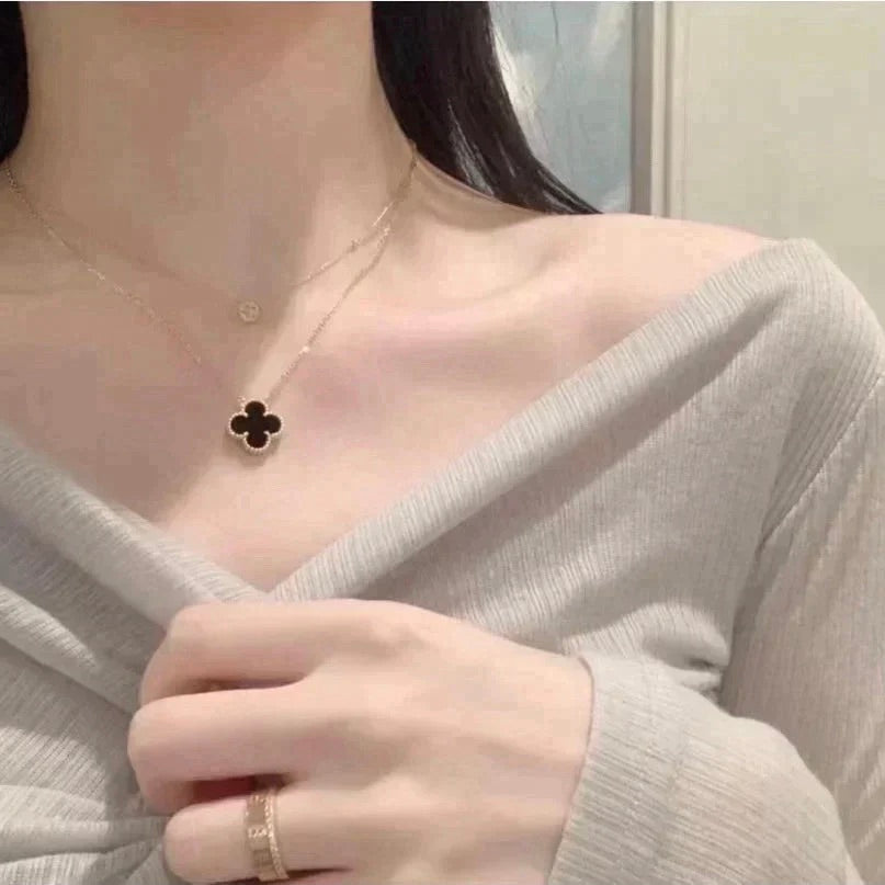 [✨ROSE✨]CLOVER 15MM BLACK ONYX SINGLE FLOWER NECKLACE