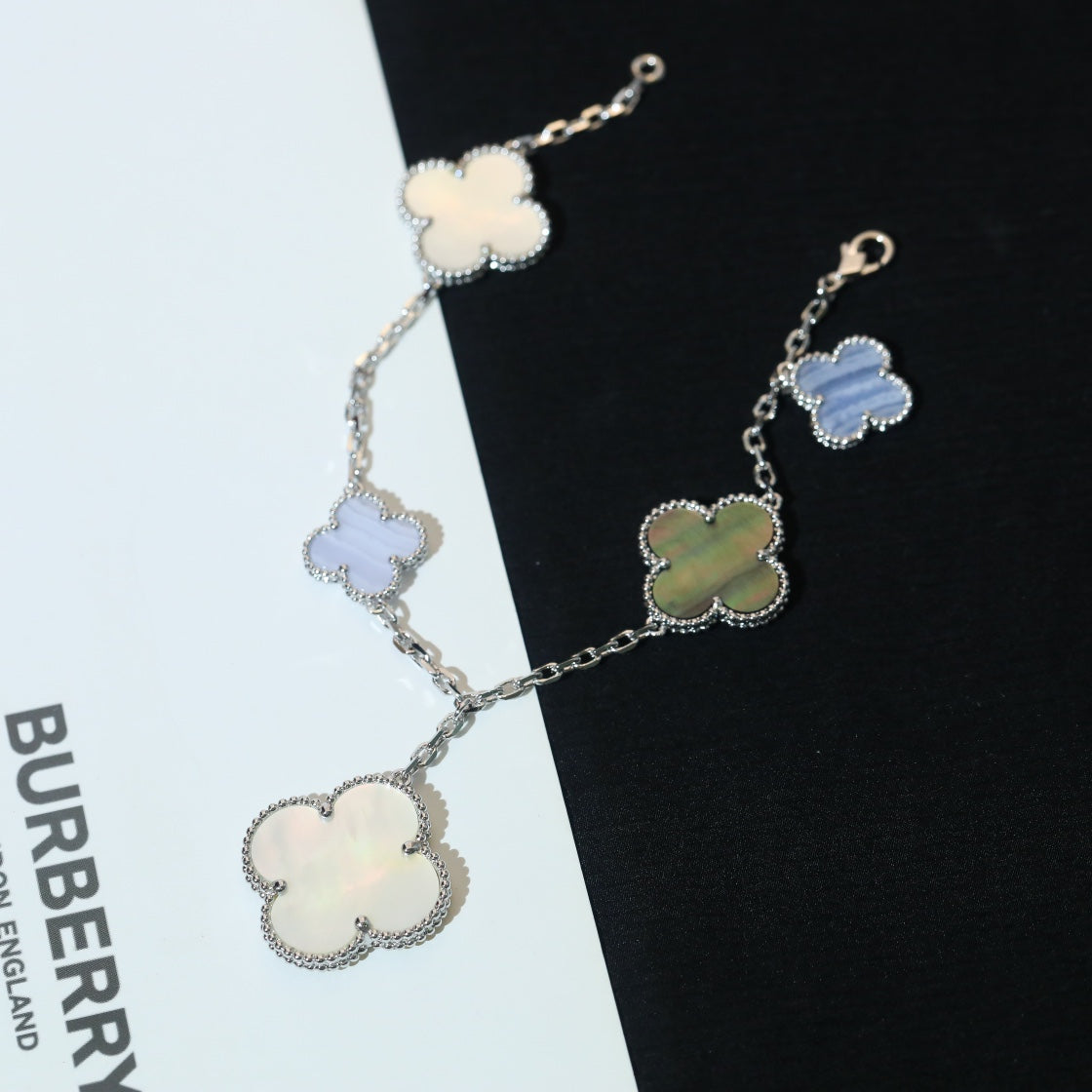 [✨ROSE✨]CLOVER BRACELET 5 MOTIFS MOP CHALCEDONY SILVER