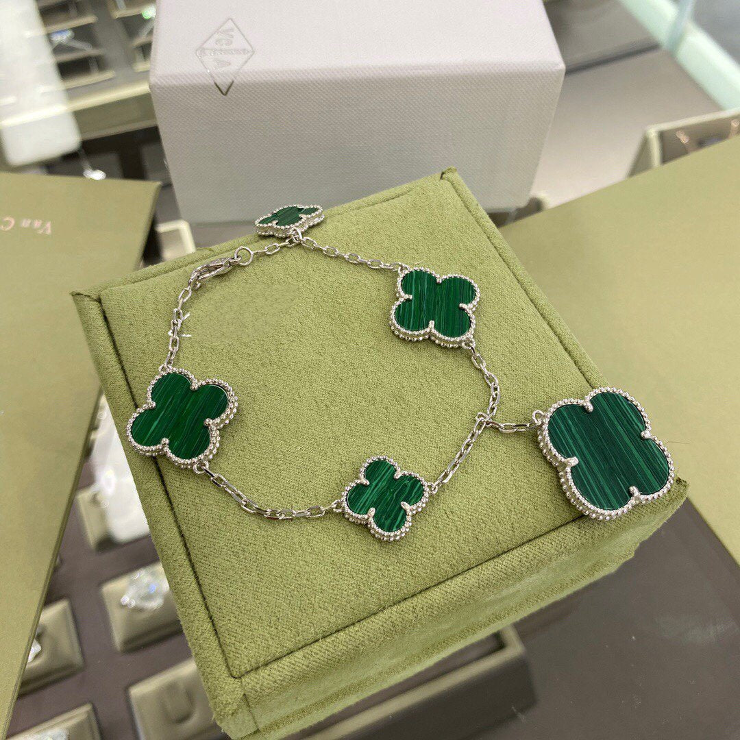 [✨ROSE✨]CLOVER 5 MOTIFS SIVLER MALACHITE BRACELET