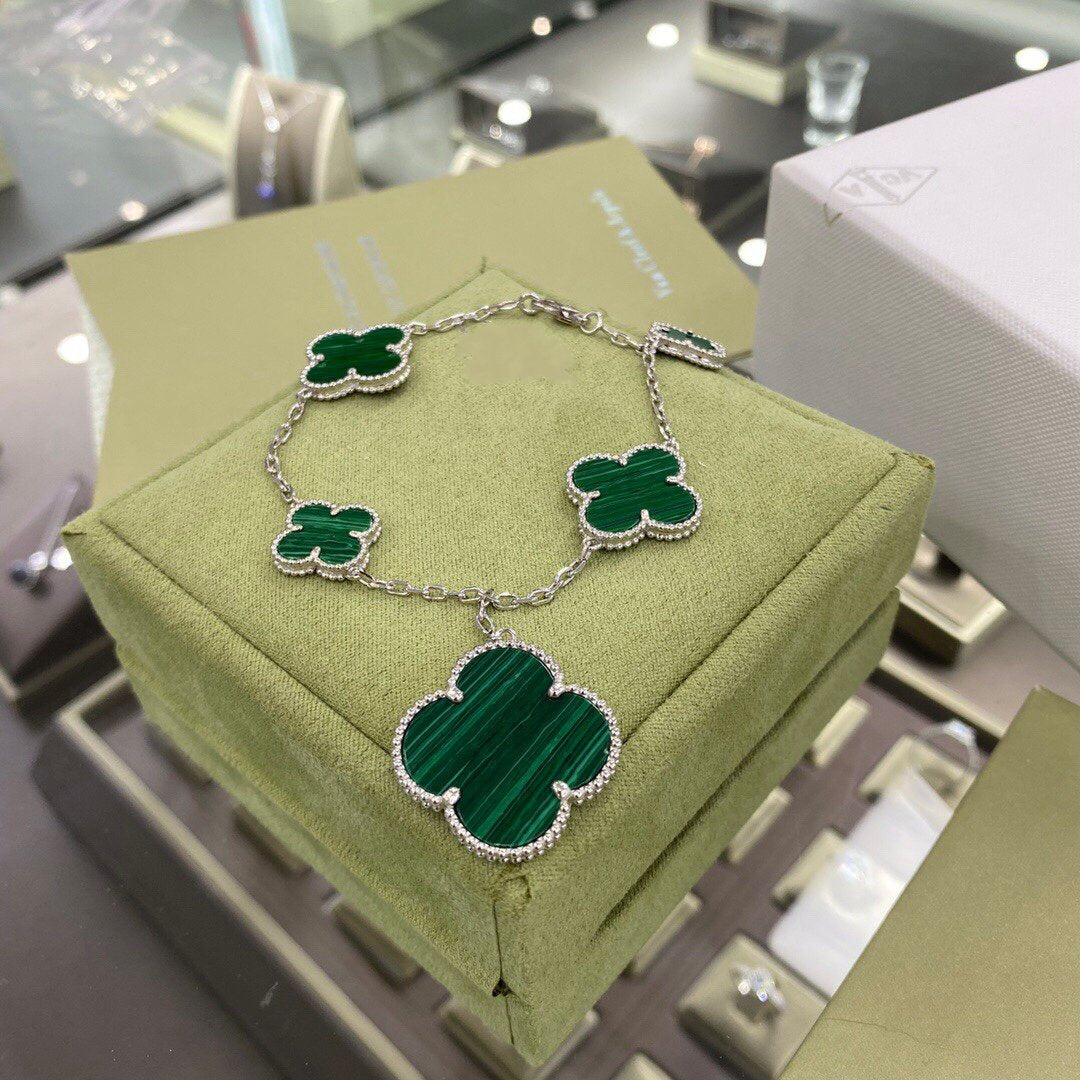 [✨ROSE✨]CLOVER 5 MOTIFS SIVLER MALACHITE BRACELET