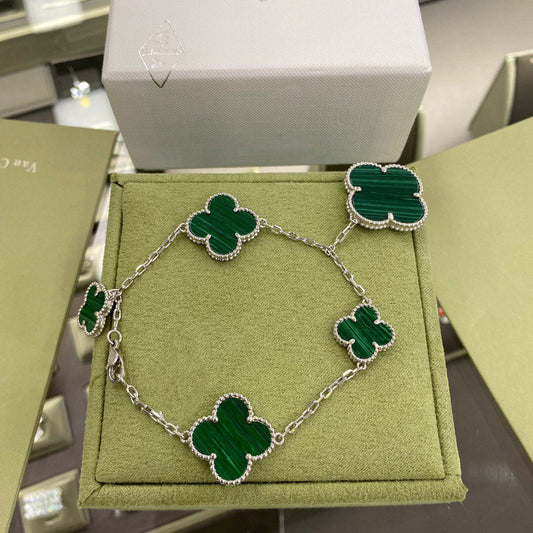 [✨ROSE✨]CLOVER 5 MOTIFS SIVLER MALACHITE BRACELET