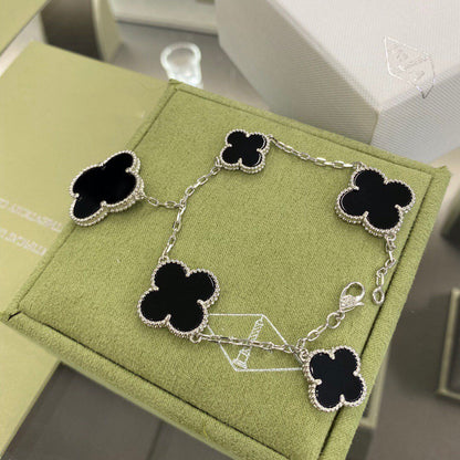 [✨ROSE✨]CLOVER 5 MOTIFS SIVLER ONYX BRACELET