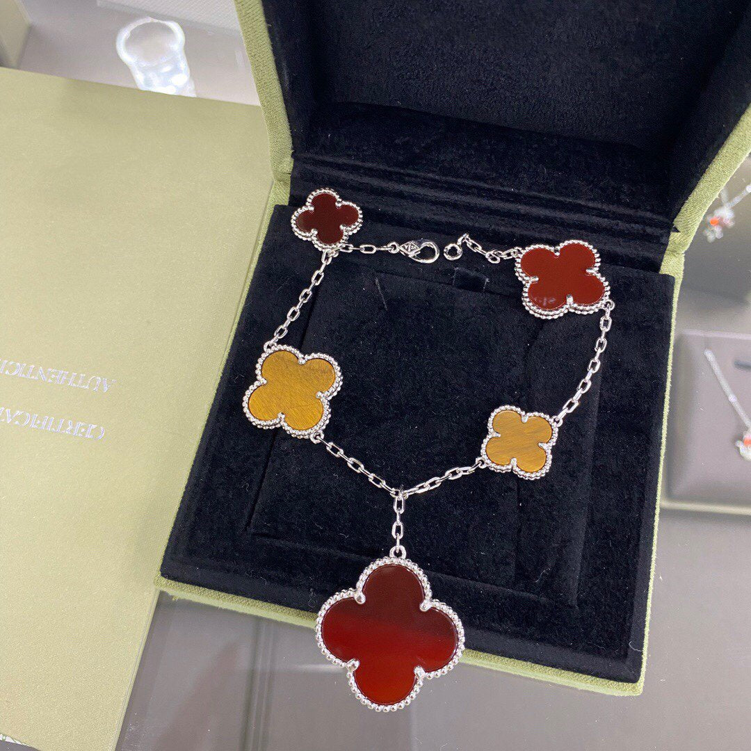 [✨ROSE✨]CLOVER 5 MOTIFS SIVLER CARNELIAN TIGER EYE BRACELET