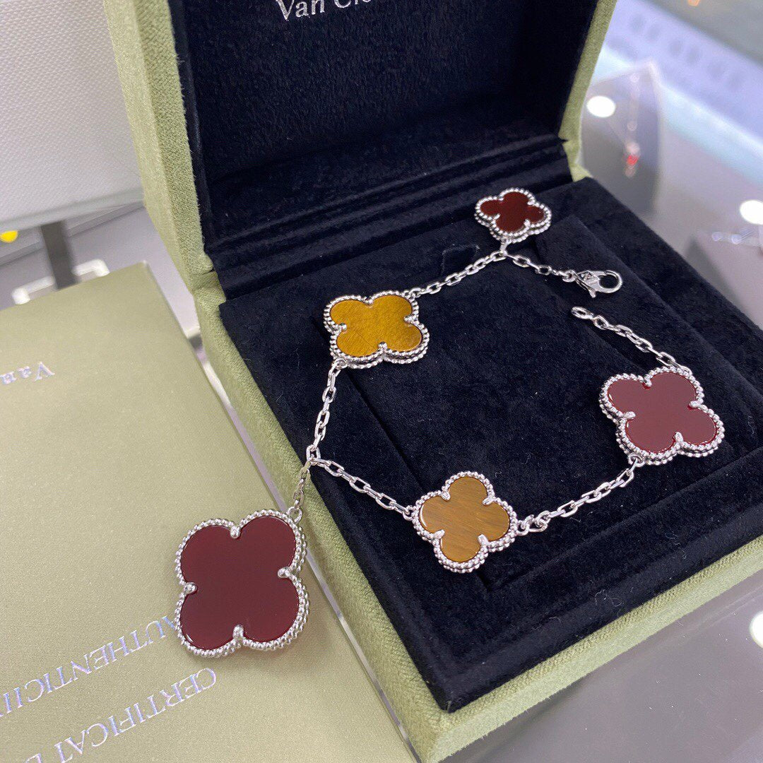 [✨ROSE✨]CLOVER 5 MOTIFS SIVLER CARNELIAN TIGER EYE BRACELET