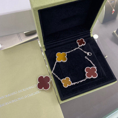 [✨ROSE✨]CLOVER 5 MOTIFS SIVLER CARNELIAN TIGER EYE BRACELET