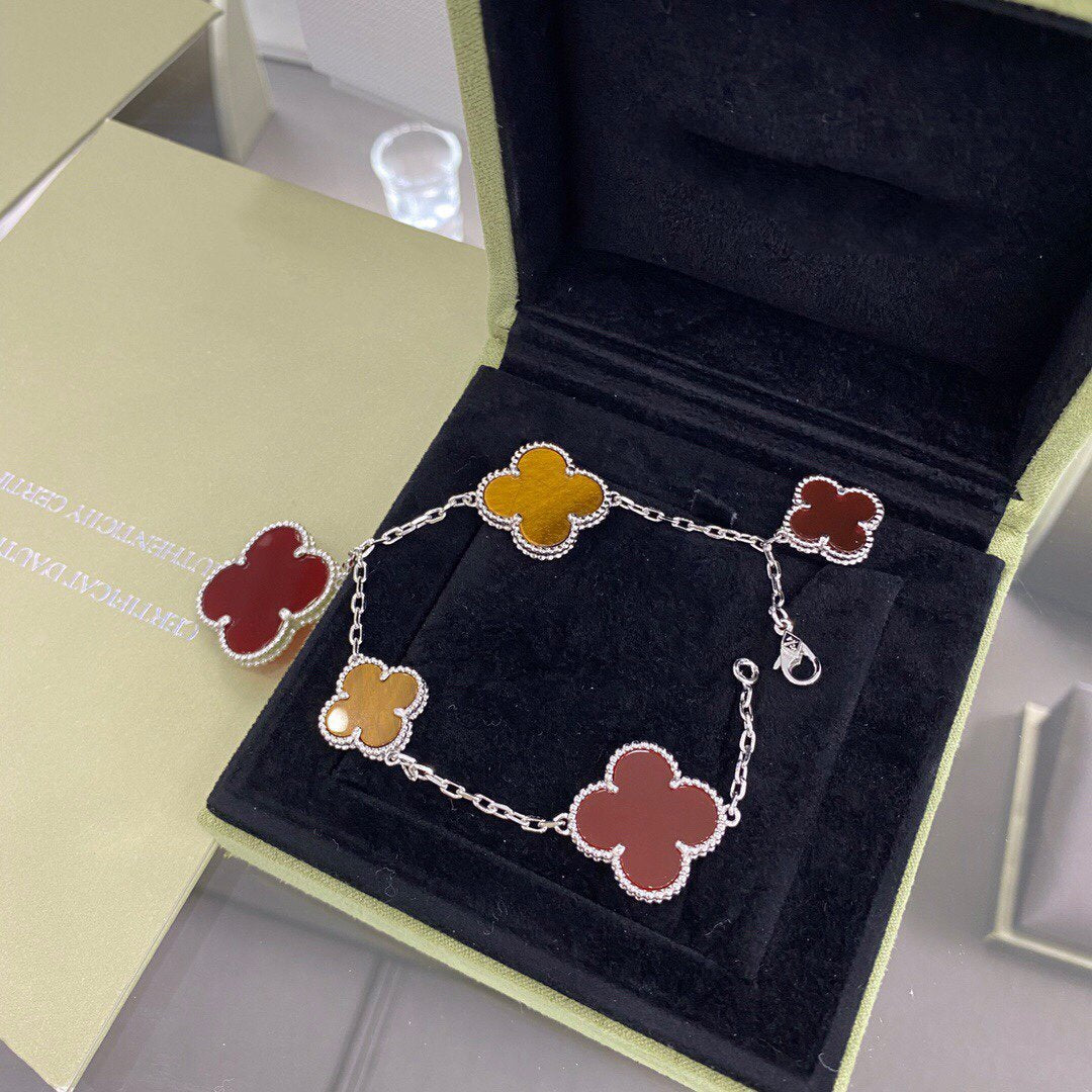 [✨ROSE✨]CLOVER 5 MOTIFS SIVLER CARNELIAN TIGER EYE BRACELET