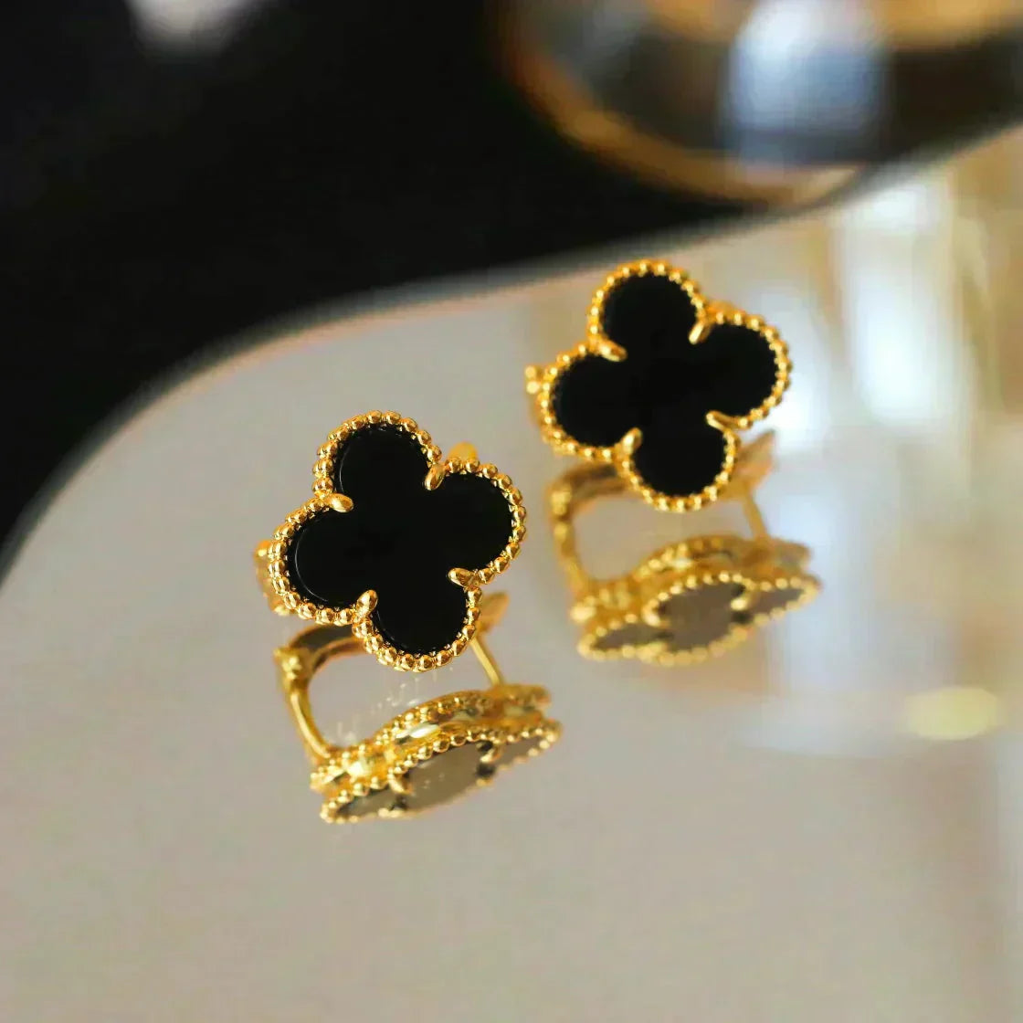 [✨ROSE✨]CLOVER MEDIUM 1 MOTIFS  ONYX STUD EARRINGS