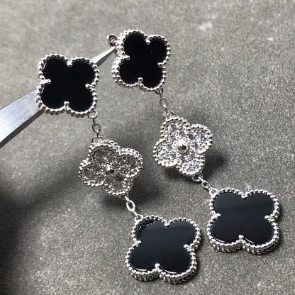 [✨ROSE✨]CLOVER 3 MOTIF DIAMOND ONYX SILVER EARRINGS