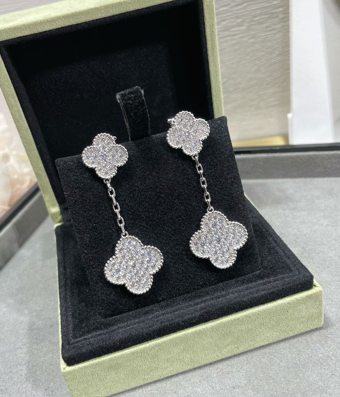 [✨ROSE✨]CLOVER 2 MOTIFS DIAMOND PAVED SILVER EARRINGS