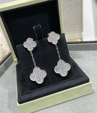 [✨ROSE✨]CLOVER 2 MOTIFS DIAMOND PAVED SILVER EARRINGS