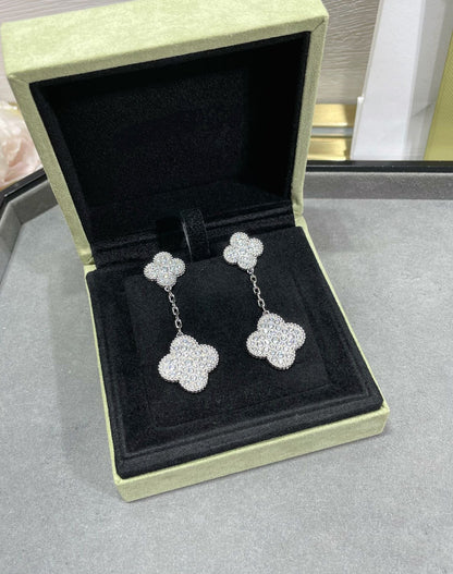 [✨ROSE✨]CLOVER 2 MOTIFS DIAMOND PAVED SILVER EARRINGS