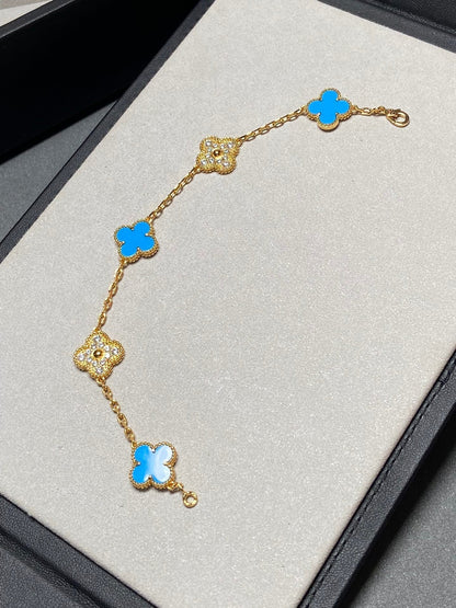 [✨ROSE✨]CLOVER 5 MOTIF BLUE CHALCEDONY DIAMOND GOLD BRACELET