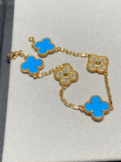 [✨ROSE✨]CLOVER 5 MOTIF BLUE CHALCEDONY DIAMOND GOLD BRACELET