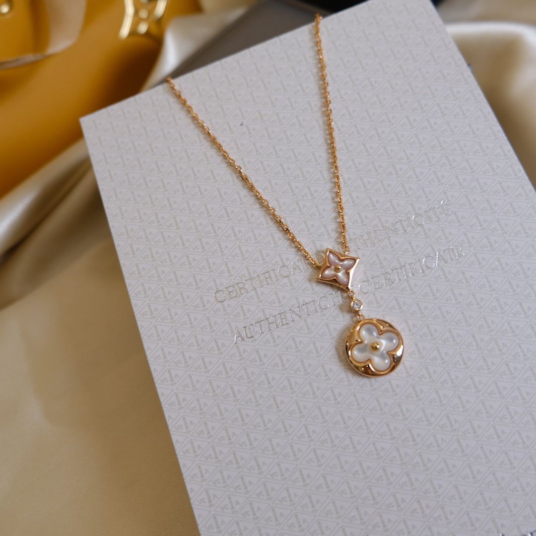 [✨ROSE✨]STAR AND SUN WHITE MOP 2 MOTIF PINK GOLD NECKLACE