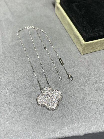 [✨ROSE✨]CLOVER 25MM LARGE PENDANT DIAMOND PAVED SILVER NECKLACE