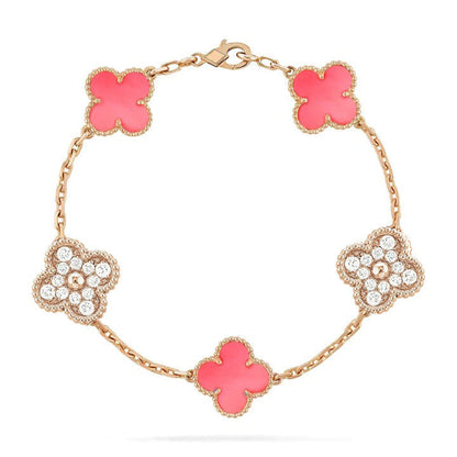 [✨ROSE✨]CLOVER 5 MOTIF DIAMOND PINK MOP PINK GOLD BRACELET