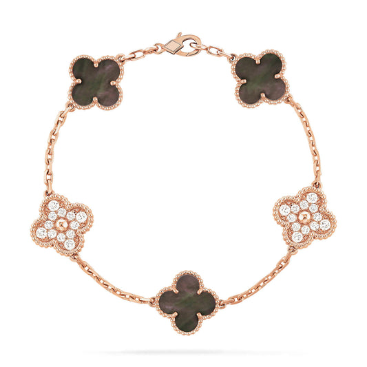 [✨ROSE✨]CLOVER 5 MOTIFS DARK MOP AND DIAMONDS PINK GOLD BRACELET