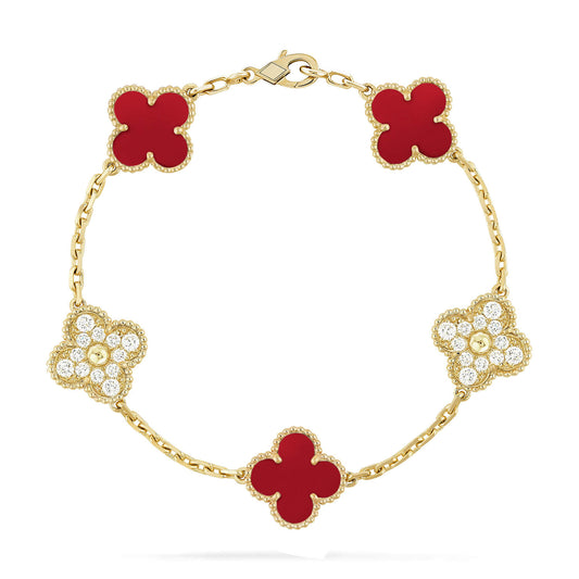 [✨ROSE✨]CLOVER 5 MOTIFS CARNELIAN DIAMOND BRACELET
