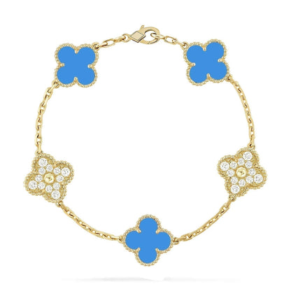 [✨ROSE✨]CLOVER 5 MOTIF BLUE CHALCEDONY DIAMOND GOLD BRACELET