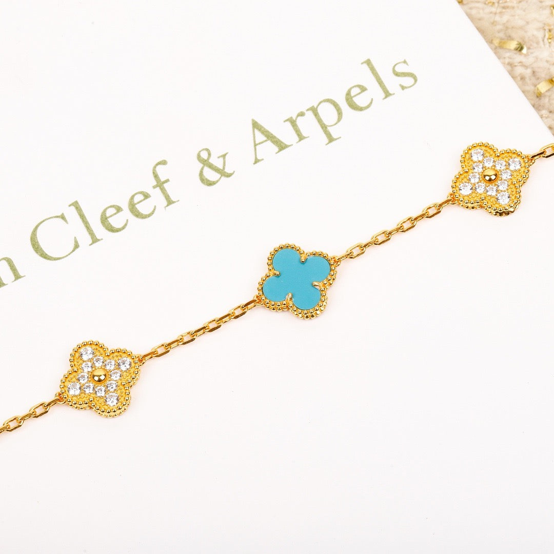 [✨ROSE✨]CLOVER 5 MOTIF TURQUOISE DIAMOND GOLD BRACELET