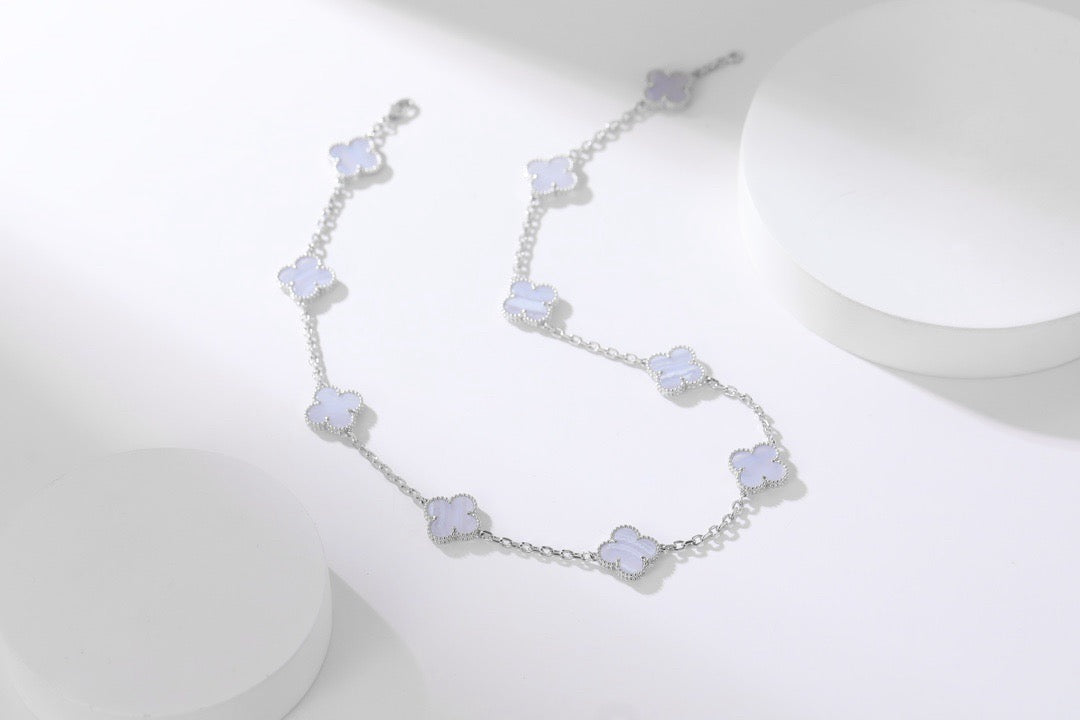 [✨ROSE✨]CLOVER 10 MOTIFS PURPLE CHALCEDONY  NECKLACE SILVER