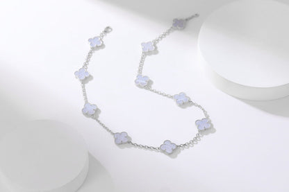 [✨ROSE✨]CLOVER 10 MOTIFS PURPLE CHALCEDONY  NECKLACE SILVER