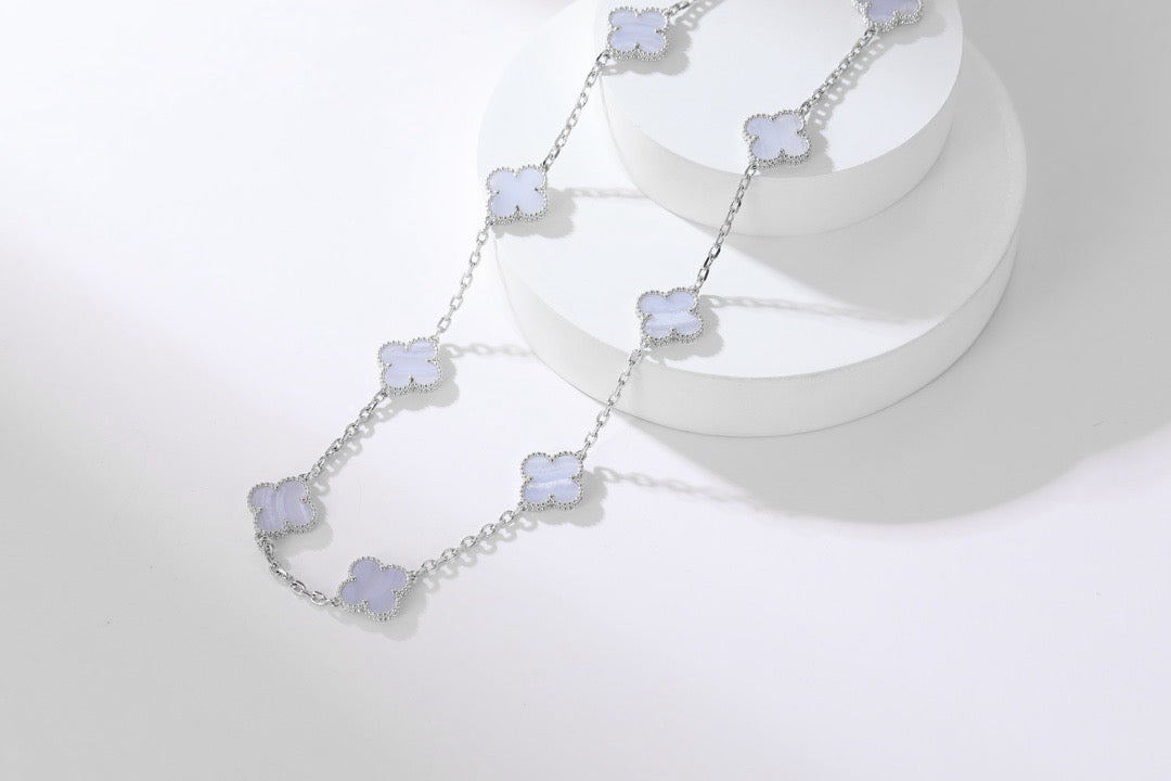 [✨ROSE✨]CLOVER 10 MOTIFS PURPLE CHALCEDONY  NECKLACE SILVER