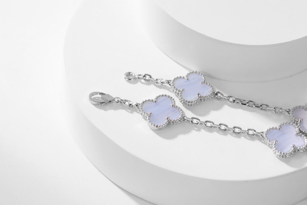[✨ROSE✨]CLOVER 10 MOTIFS PURPLE CHALCEDONY  NECKLACE SILVER