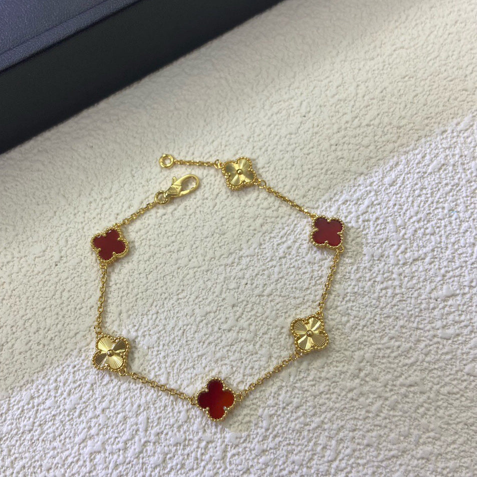 [✨ROSE✨]CLOVER 6 MOTIF RED AGATE LASER BRACELET