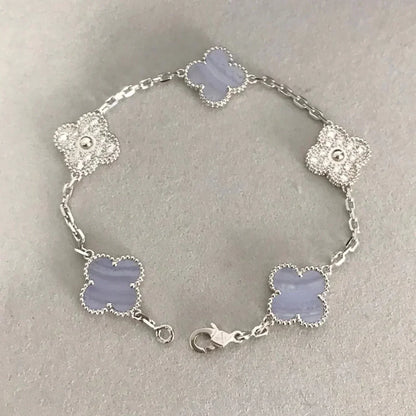 [✨ROSE✨]CLOVER  5 MOTIF DIAMOND PURPLE CHALCEDONY BRACELET SILVER