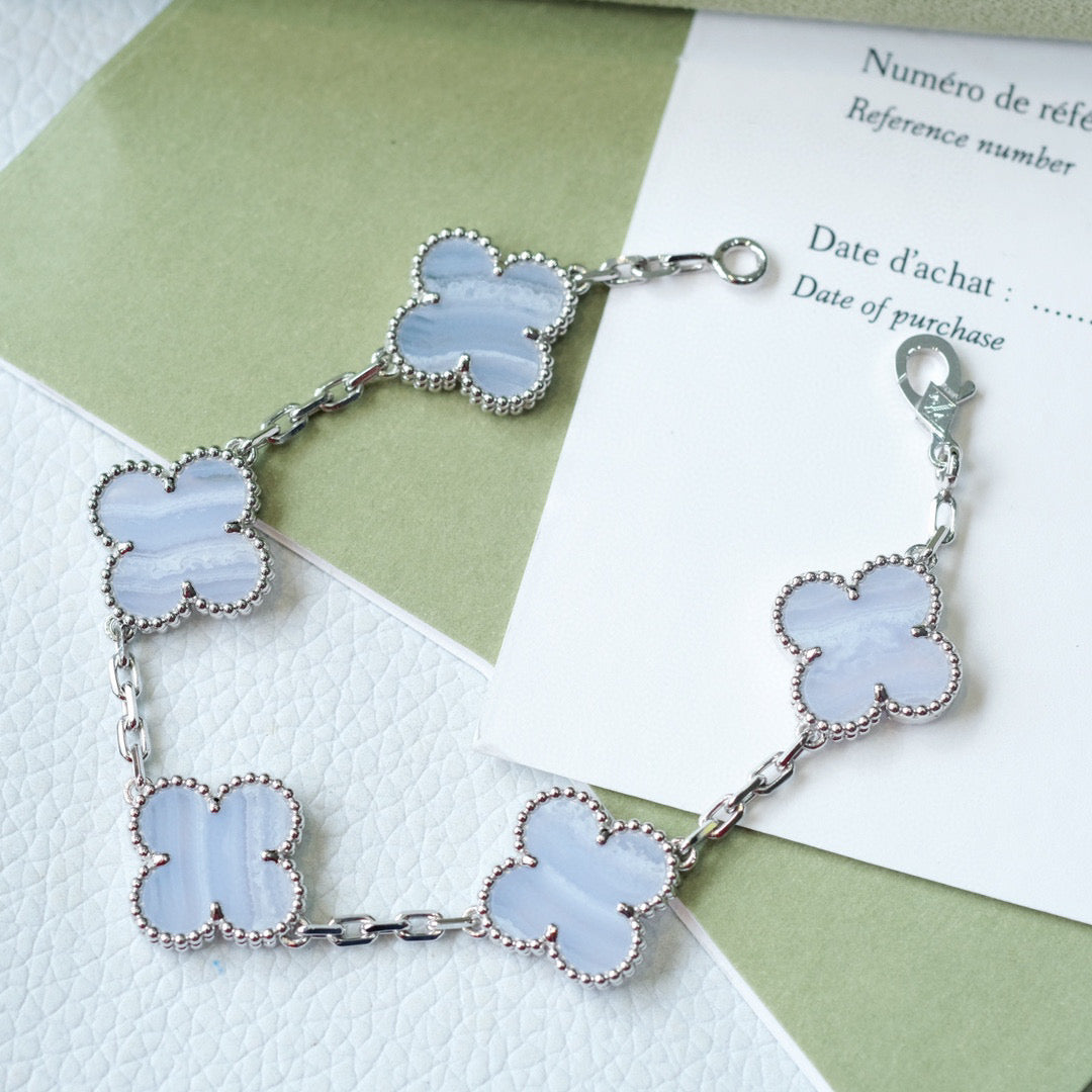 [✨ROSE✨]CLOVER  5 MOTIF PURPLE CHALCEDONY BRACELET SILVER