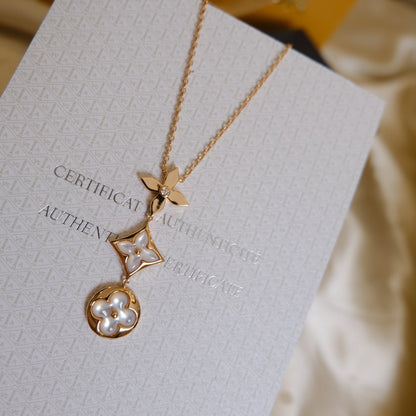 [✨ROSE✨]COLOR BLOSSOM LARIAT NECKLACE PINK GOLD WHITE MOTHER PEARL AND DIAMOND