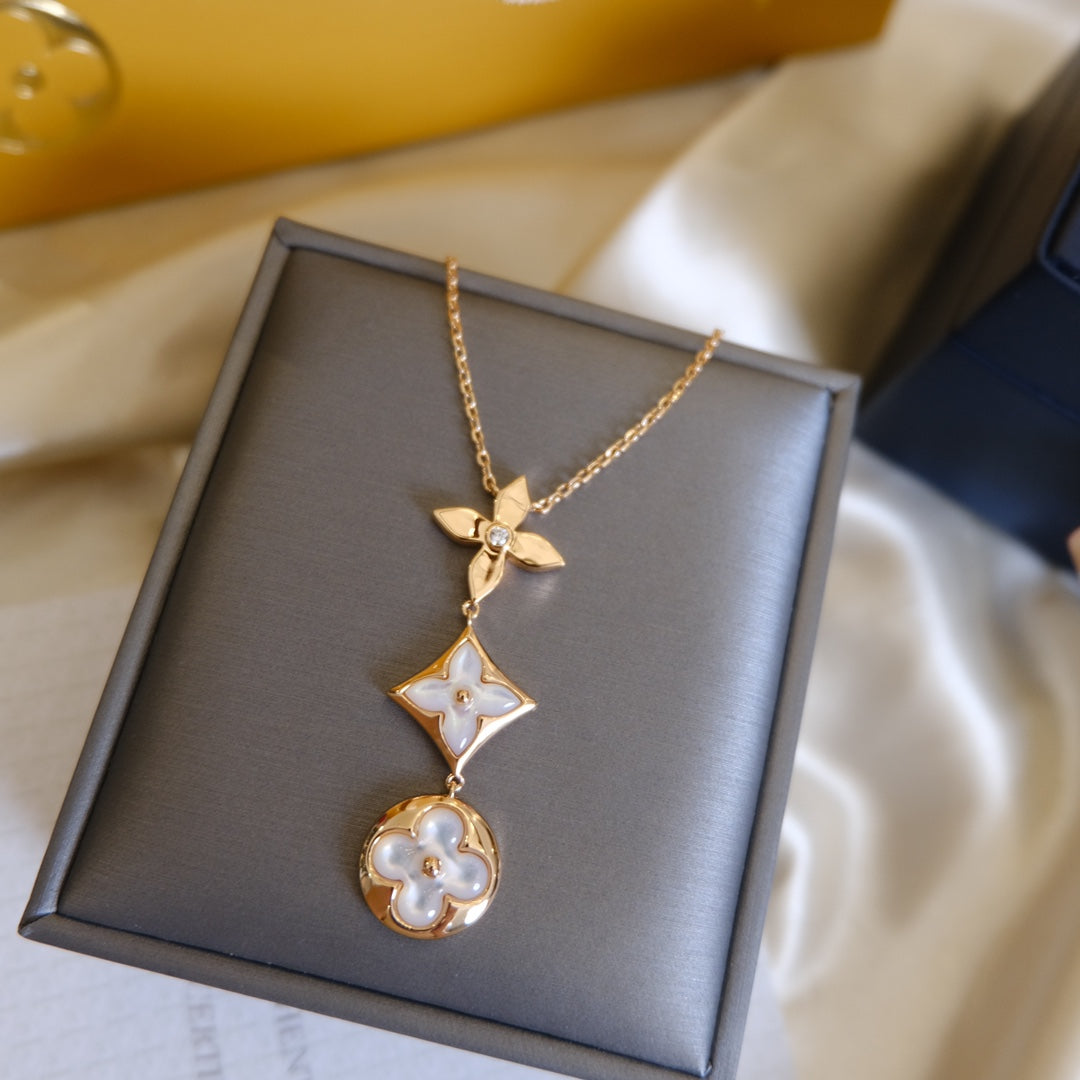[✨ROSE✨]COLOR BLOSSOM LARIAT NECKLACE PINK GOLD WHITE MOTHER PEARL AND DIAMOND