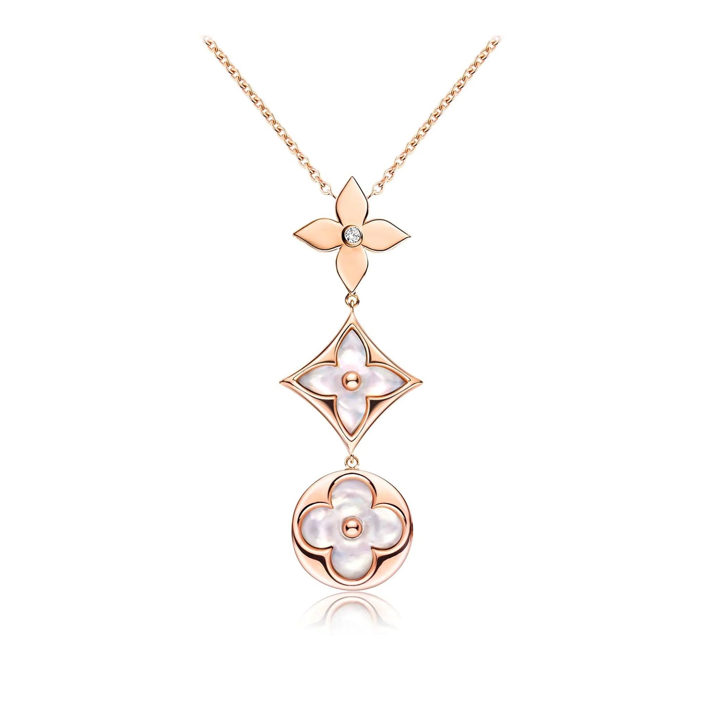[✨ROSE✨]COLOR BLOSSOM LARIAT NECKLACE PINK GOLD WHITE MOTHER PEARL AND DIAMOND