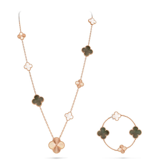 [✨ROSE✨]DETACHABLE CLOVER 15(11+4) FLOWER ROSE GOLD NECKLACE SET
