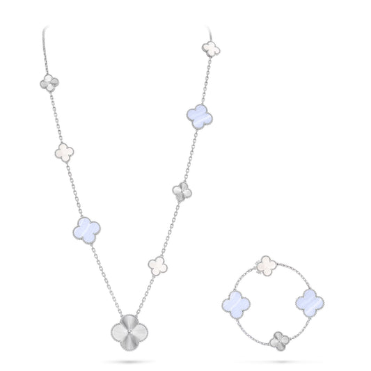 [✨ROSE✨]DETACHABLE CLOVER 15(11+4) FLOWER SILVER NECKLACE SET