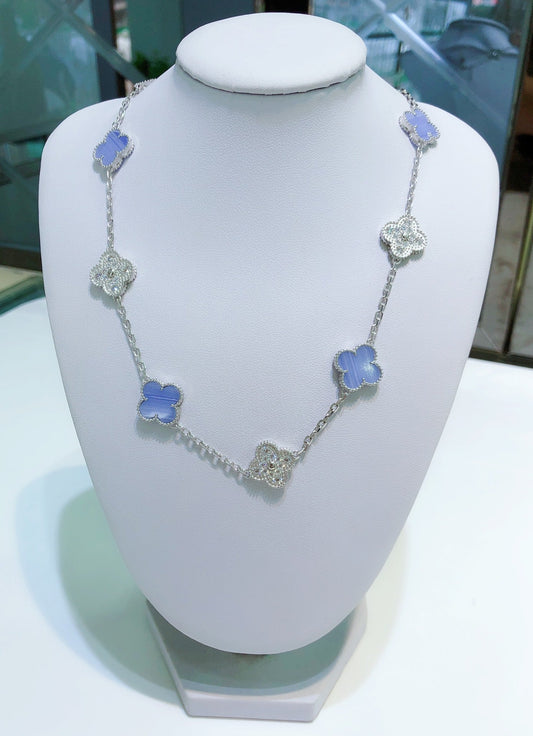 [✨ROSE✨]CLOVER 10 MOTIFS CHALCEDONY DIAMONDS SILVER NECKLACE