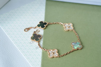 [✨ROSE✨]CLOVER 5 MOTIFS DARK MOP AND DIAMONDS PINK GOLD BRACELET