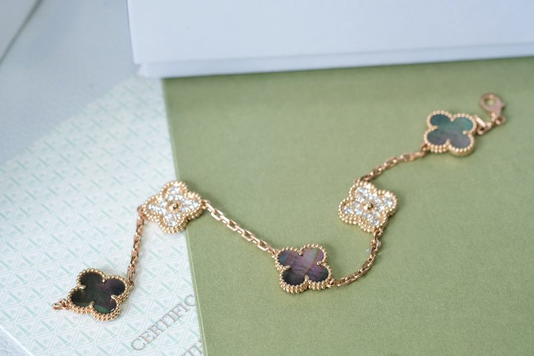 [✨ROSE✨]CLOVER 5 MOTIFS DARK MOP AND DIAMONDS PINK GOLD BRACELET