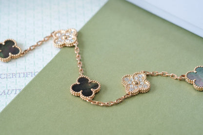 [✨ROSE✨]CLOVER 5 MOTIFS DARK MOP AND DIAMONDS PINK GOLD BRACELET